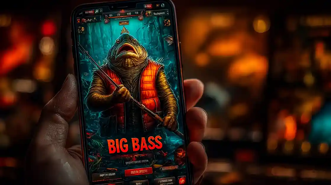 A close-up of a hand holding a smartphone showcasing a BIG BASS fishing game, featuring an anthropomorphic fish character, highlighting the engaging casual games on ek777.