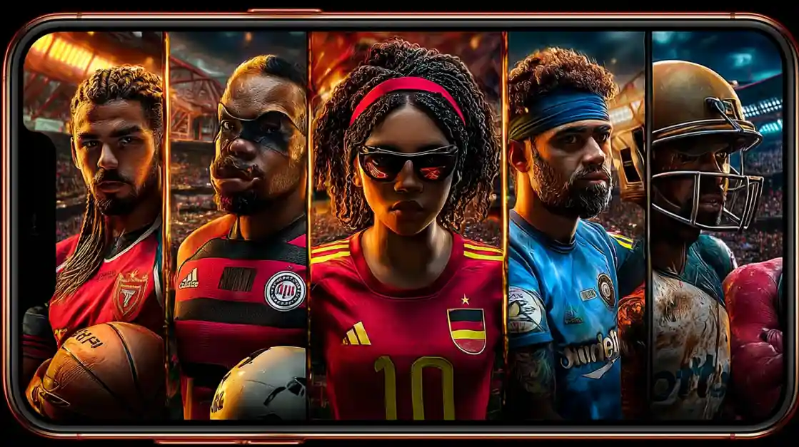 A smartphone screen displays a powerful collage of diverse male and female athletes from various sports, including football and soccer, representing the comprehensive sports betting options at ek777.