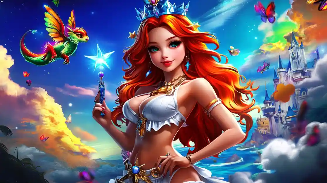 A vibrant fantasy scene featuring a beautiful princess with fiery red hair and a crown, holding a magic wand, with a small winged dragon and a fairytale castle in the background, embodying the magical world of ek777.