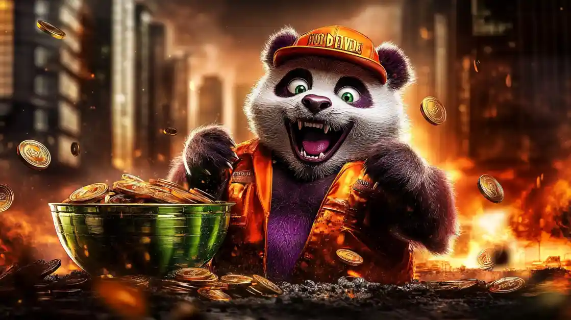 A cheerful panda character wearing an orange cap and jacket, surrounded by golden coins and a bowl of money, symbolizing wealth and good fortune with ek777.