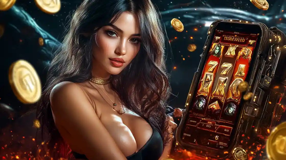 A beautiful woman in a black top looks confidently at the viewer while holding a smartphone displaying a ek777 mobile slot game with 777 symbols and golden coins.